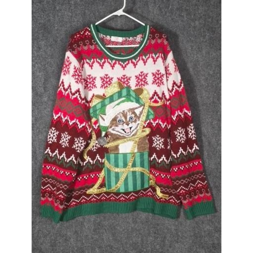 Holiday Time Women's 2XL Ugly Christmas Sweater Cat Gift Box Knit‎ Festive Retro